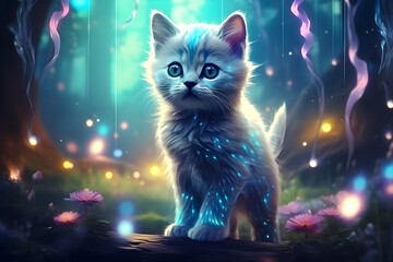 cat in a fairy forest. cat and vivid purple-pink flowers forest, surrealistic background. cat in a fairy-tale wonderland forest. Artistic abstract cute animal Illustration. - obrazy, fototapety, plakaty