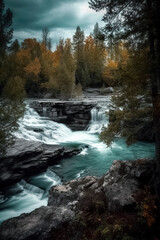 Fototapeta na wymiar A Serene Waterfall Amidst the Autumnal Splendor of a Forest, ai generative
