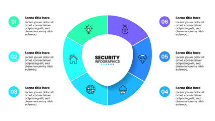 Infographic template. Protection concept with shield and 6 steps - obrazy, fototapety, plakaty