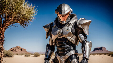 Alien Cyborg Robotic Warrior lands in the Desert Background Backdrop Wallpaper Cover Magazine Cover Poster Moviecard Generative AI Digital Art Brainstorming Story