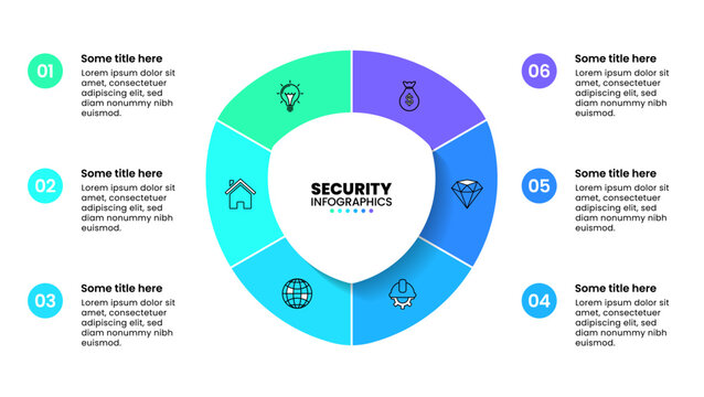 Infographic template. Protection concept with shield and 6 steps