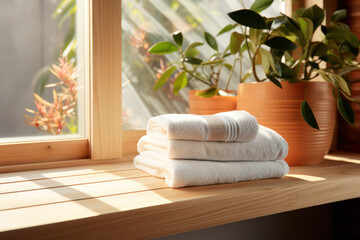 Fototapeta na wymiar Cozy Towels Adorn a Sunlit Window Sill - Home Comfort