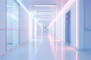 Blurred empty modern hospital corridor background. Abstract blurred clinic hallway interior. Entrance of medical emergency room in hospital. Healthcare and medical center background.