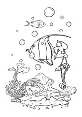  Vector illustration of a coloring book of the underwater world with beautiful fish, shells, algae in the sea