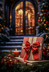 Bożonarodzeniowa dekoracja, karta z elegancko zapakowanym prezentem i świecami. Ciepła atmosfera. - obrazy, fototapety, plakaty