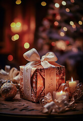 Bożonarodzeniowa dekoracja, karta z elegancko zapakowanym prezentem i świecami. Ciepła atmosfera, bokeh. - obrazy, fototapety, plakaty