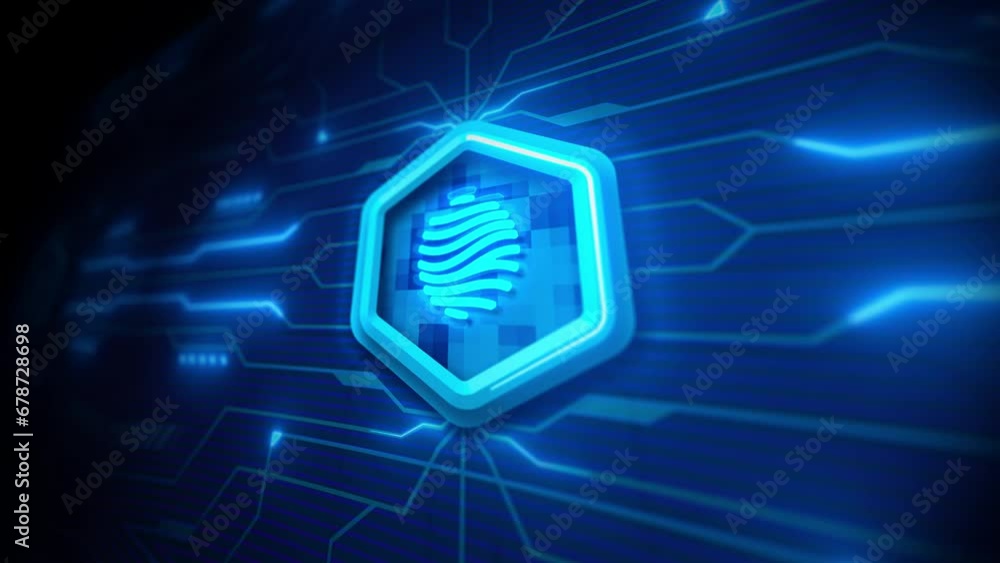 Poster technology secure fingerprint background. digital security light speed program background. 4k resolu