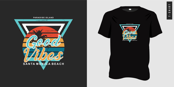 Summer t-shirt vector design with beach strip and sunset illustration. Black typography style t-shirt graphic suitable for teenage holiday wear