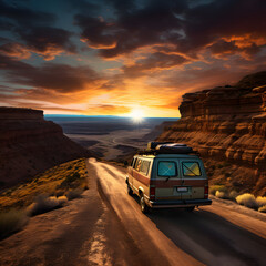 A van journeys through a canyon path during sunset, embarking on a road trip towards adventure and freedom.