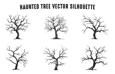 Haunted Tree Sketch vector silhouettes, Dead Scary Tree Silhouette vector bundle, Halloween Spooky Trees Clipart Set