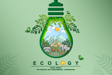 World wildlife day, Wild animals and Natural botanical paper art style, Environment conservation, National park, Sustainable of Ecology concept, Think green nature, Save the planet and Eco friendly.