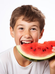 Cute little boy is eating watermelon in the studio over white background