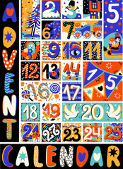 Fototapeta na wymiar Advent calendar with bright Christmas decoration. Countdown to Christmas with numbers. Xmas numbers.