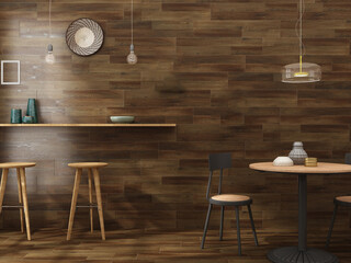 Brown cafe interior with a wooden floor, round wooden tables and gray and wooden chairs. 3D Rendering mock up