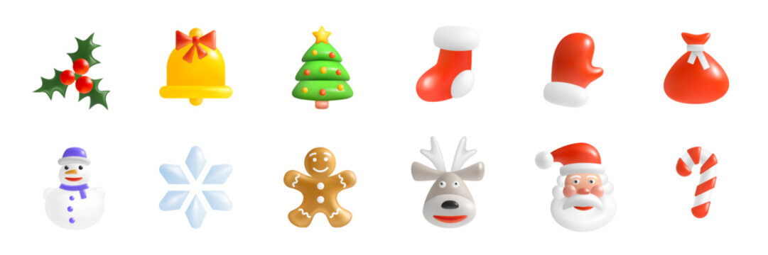 Christmas 3d Icons, Emoticons Set. Holly, Christmas Bell, Christmas Tree, Santa Claus Stocking and Mitten, Gift Bag, Snowman, Snowflake, Deer, Santa Claus, Gingerbread Man, Candy Cane. 3D Vector