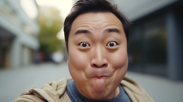 an ordinary slightly plump asian man making selfie outdoors. Portrait of a middle-aged happy guy on the street