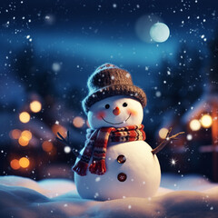 Closeup of smiling snowman on the snow floor on the night