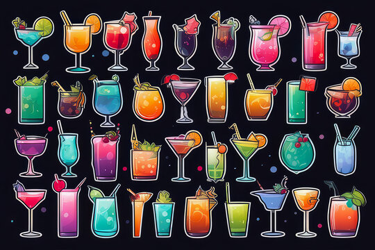 Colorful cocktail drink seamless pattern.Various cocktails on dark background. Banner set for background, wrapping paper, fabric, surface design.Generative AI
