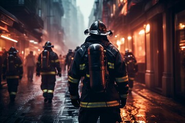 a firefighter walking down the street in front of buildings