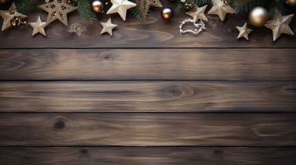 Christmas background with decorations on wooden background. Top view with copy space.