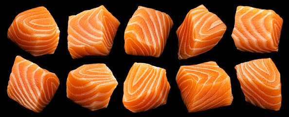 Salmon cubes isolated on black background