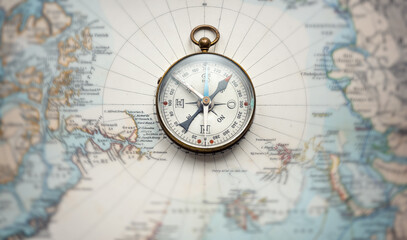 Magnetic old compass on nord pole map. Travel, geography, history, navigation, tourism and exploration concept background. Retro compass on geography map.