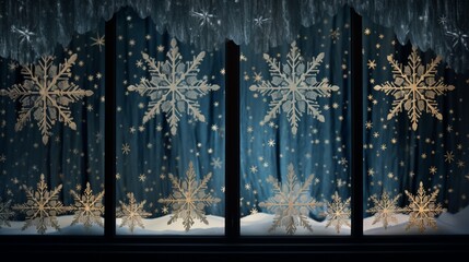 Delicate snowflakes forming a beautiful, lacy pattern on a windowsill during a snowy Christmas night.