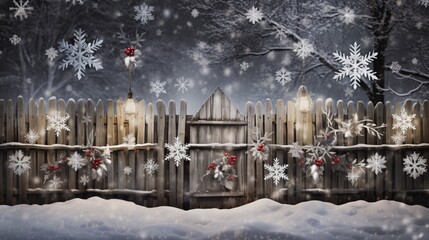 Snowflakes adorning a rustic wooden fence, adding a touch of seasonal beauty to a countryside Christmas.