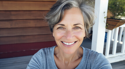 happy senior woman taking selfie on sity street. Looking at camera and smile. Travel and active life concept. ordinary middle class female person Outdoors