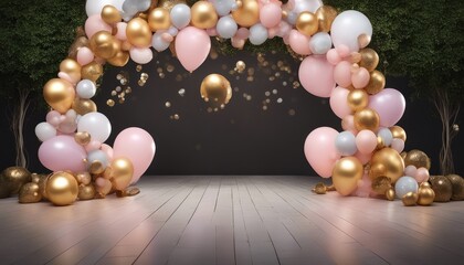 Pastel balloon arch, pastel colors, backdrop, paper clouds, paper rainbows, paper stars, studio lighting
