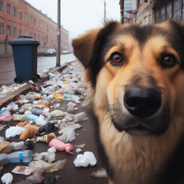 animals dogs among garbage.Save animals environmental problems background image