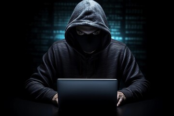 Hooded masked man with a laptop on dark background. Cyber security concept.