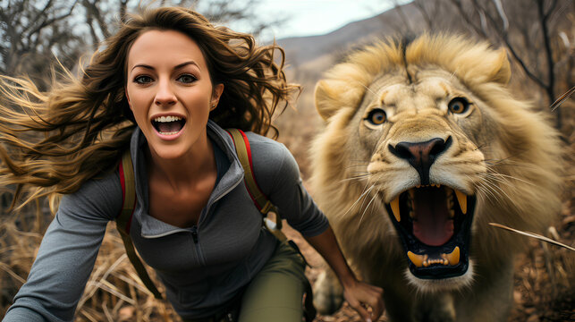 A close up selfie gopro shot of a screaming woman, being chased by a lion, in the savanna, horror. Generative AI.