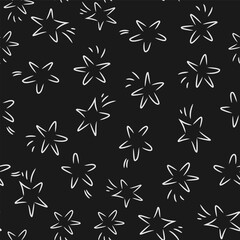 Seamless pattern with white hand drawn vector falling stars in doodle style isolated on black background