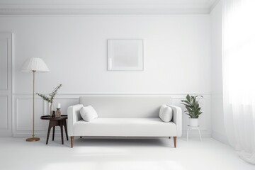 White living room interior: sofa, coffee table, floor lamp. Generative AI