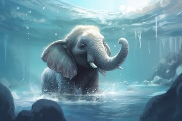Small mammoth or baby elephant underwater fell through ice. Generative AI