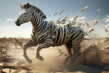 Fototapeta na wymiar A zebra runs so fast that it falls apart. Generative AI