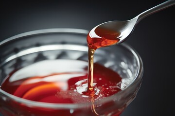 Medicinal syrup or honey is poured into glass cup, fighting disease. Generative AI - obrazy, fototapety, plakaty