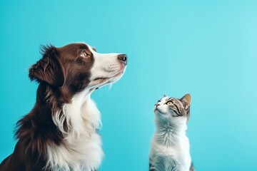 Cat and dog sitting together and looking up. Pets on blue background, copy space.