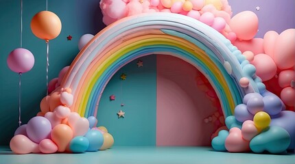 Pastel balloon arch, pastel colors, backdrop, paper clouds, paper rainbows, paper stars, studio lighting