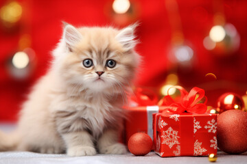 Cute furry kitten - Christmas Xmas season - Seasonal decoration - white fur and blueish grayish eyes - red background 