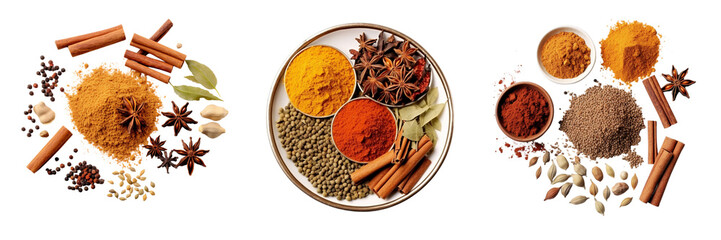 Set of Indian spices homemade biryani masala powder isolated on transparent or white background vegetarian or non vegetarian cooking