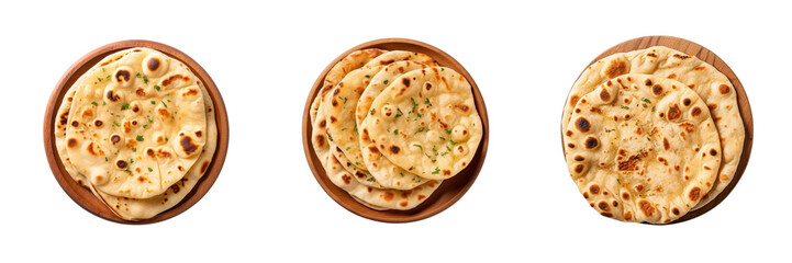 Set of Indian naan bread with garlic and butter top view isolated on transparent or white background