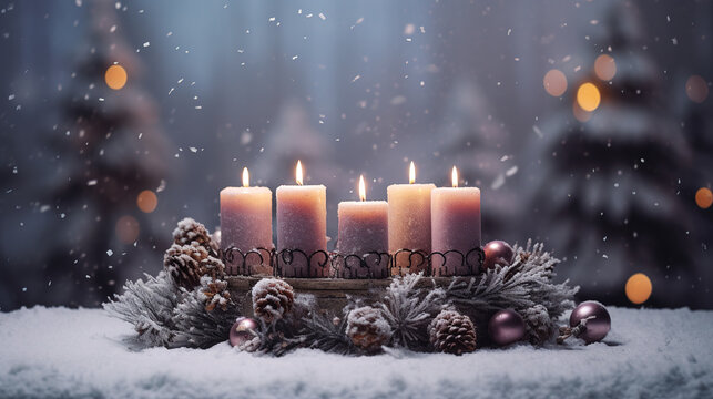  Advent Candles In Christmas Wreath On Snow.