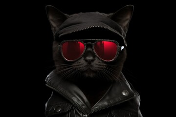 Portrait of cool black cat in sunglasses and hat 
