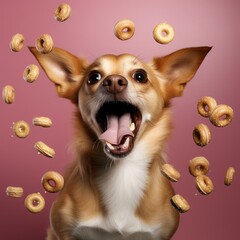 Cute little brown dog catching treats with open mouth. Portrait of funny brown chihuahua in action on simple pink background