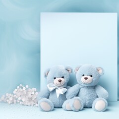 pastel blue background template with 2 teddy bears, AI generated