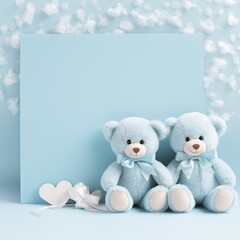 pastel blue background template with 2 teddy bears, AI generated