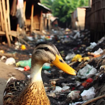 animals duck among garbage.Save animals environmental problems background image