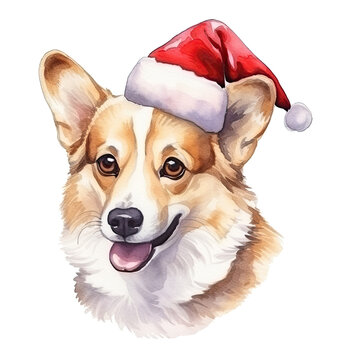 Whimsical Christmas Dog - Santa Hat, Presents, watercolor 